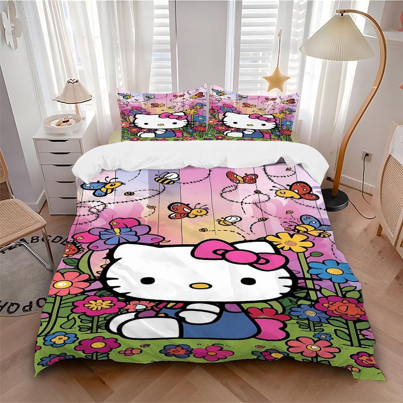 3pcs Flowers and Butterflies Hello Kitty Pattern Bedding Three-Piece Set (1 Cover + 2 Pillowcases, No Fillings), Soft and Comfortable S021
