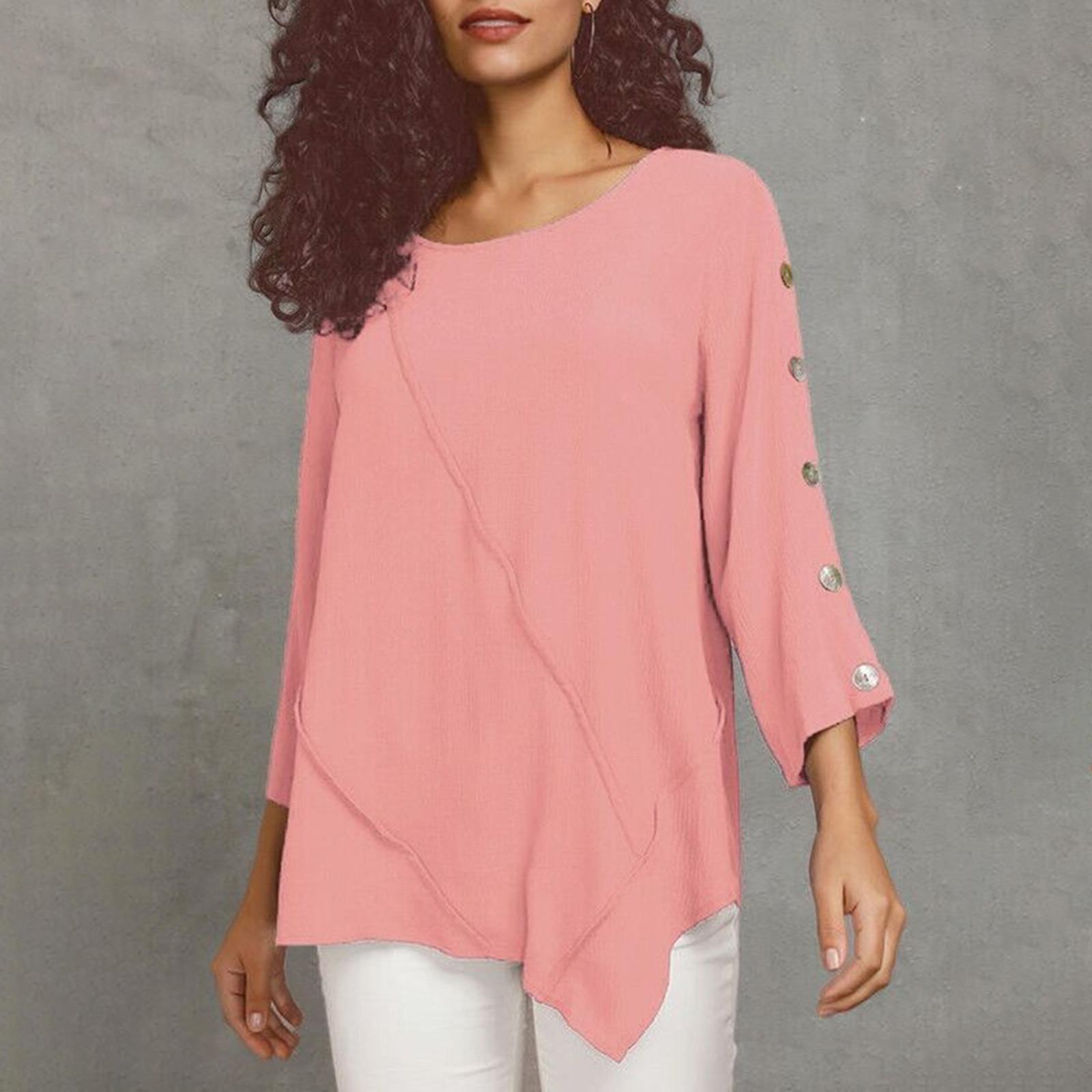 

Women s Fashion Loose Solid Color Mid-sleeve Slash-stitched Irregular Hem Button-embellished O-neck Chiffon Top XXXXL