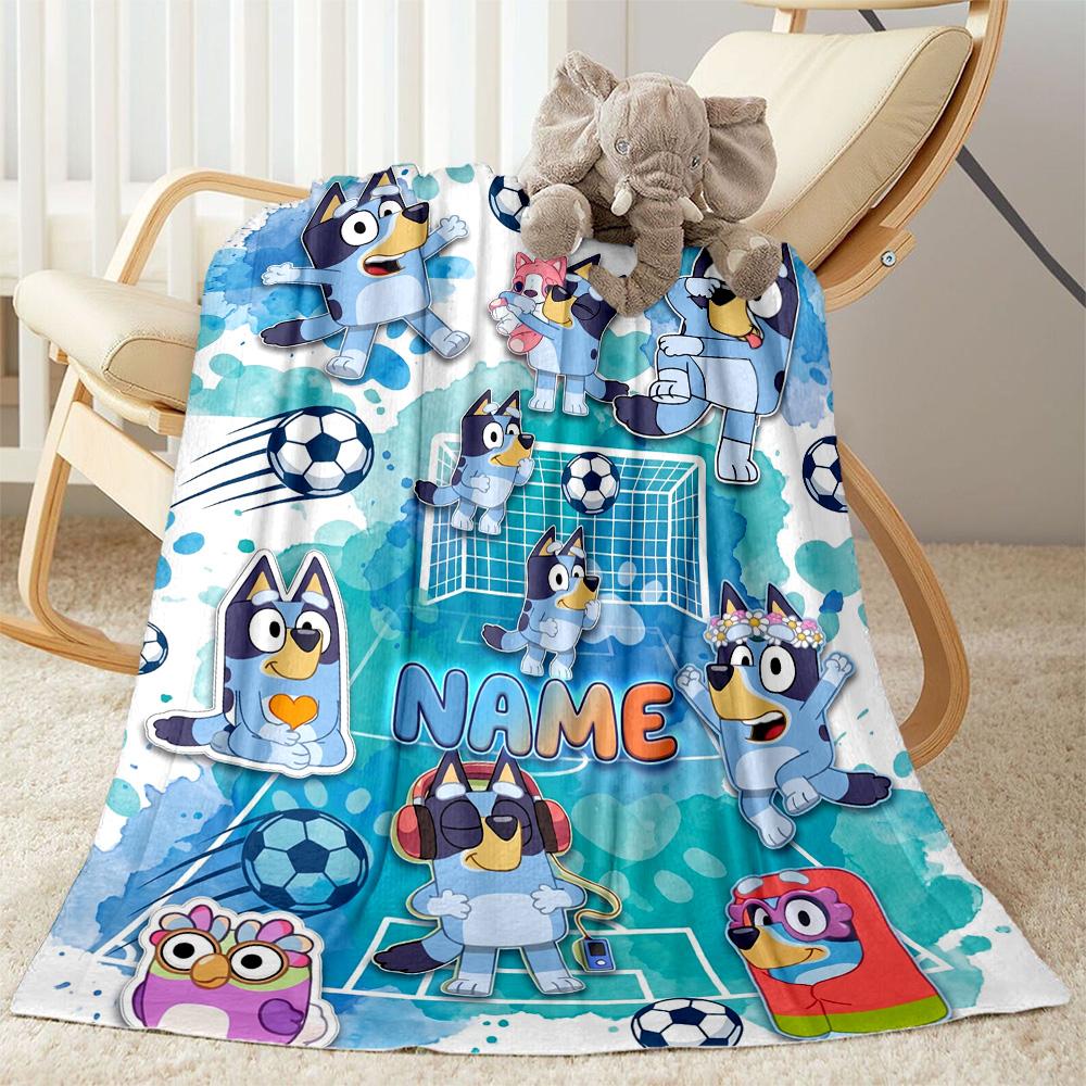 Bluey Soccer Fun Customize Your Name Blanket Gift Personalized Blanket Ultra-Soft Great for Home Decor Office Chair Office Nap Four Seasons Universal
