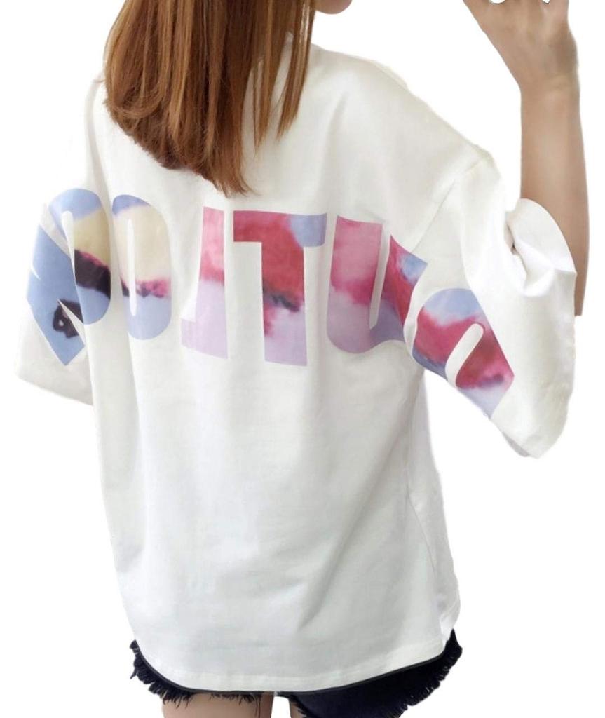 loose short back for long long cut and quick white [Bubu Ohana] T-shirt, fitting, casual, sleeves, print, women, spring, summer, autumn, winter,