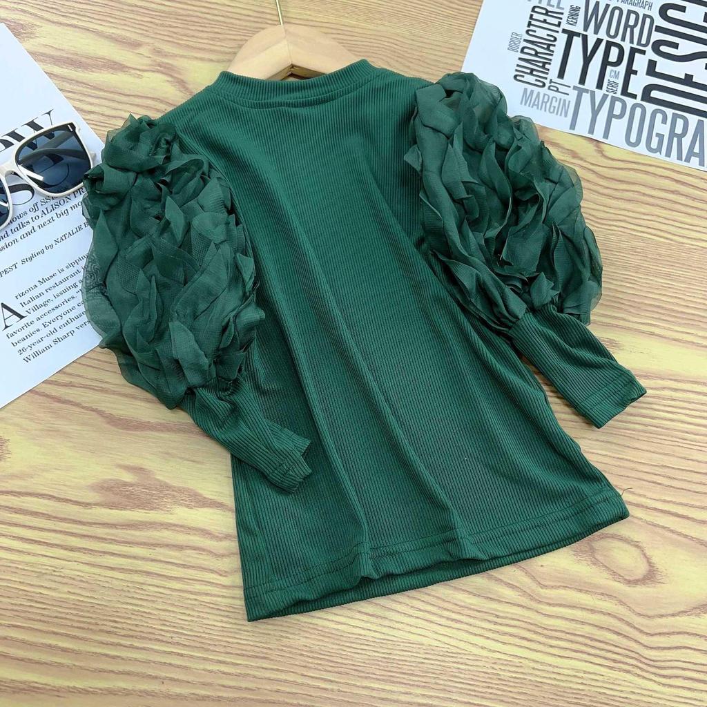 2025 Spring/Autumn Stylish Korean Bubble Sleeve Long-Sleeve T-Shirt for Girls