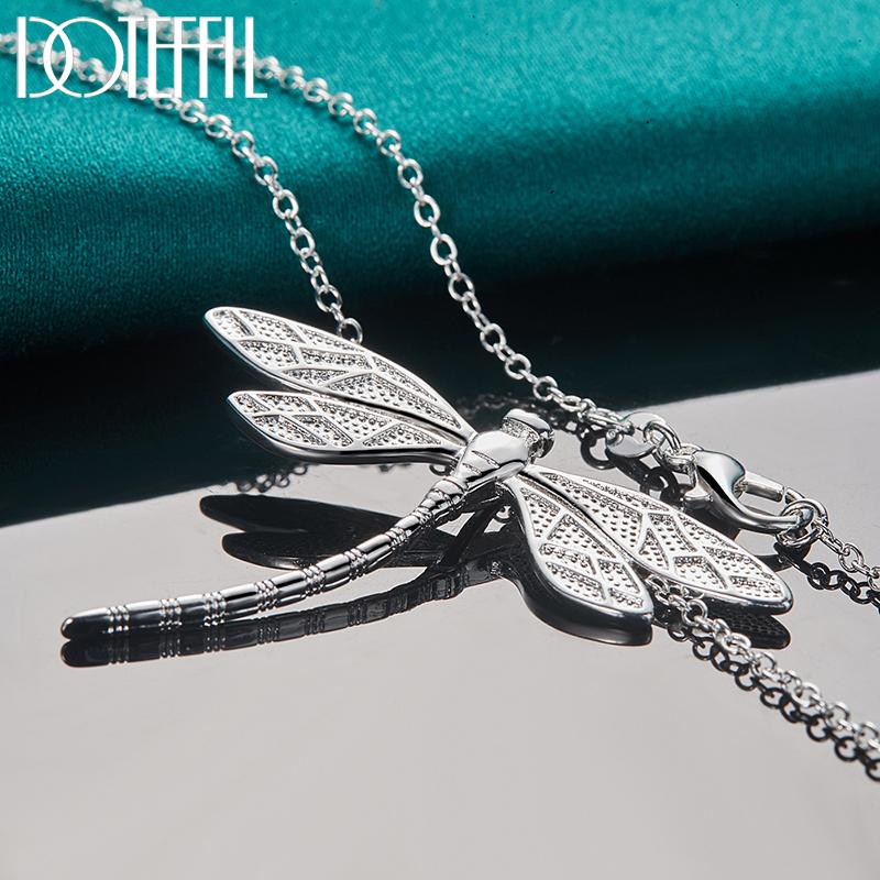 DOTEFFIL 925 Silver 40-75cm Chain Big Dragonfly Pendant Necklace For Women Wedding Engagement Party Fashion Jewelry