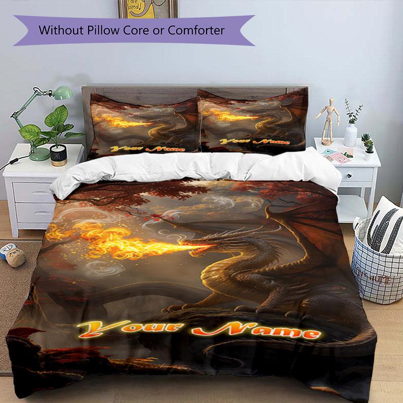3pcs Custom Name Dragon's Fiery Breath Bedding Set Printed Bedding Set Duvet Cover Closure Includes 1 Duvet Cover & 2 Pillowcases Bedroom Decor