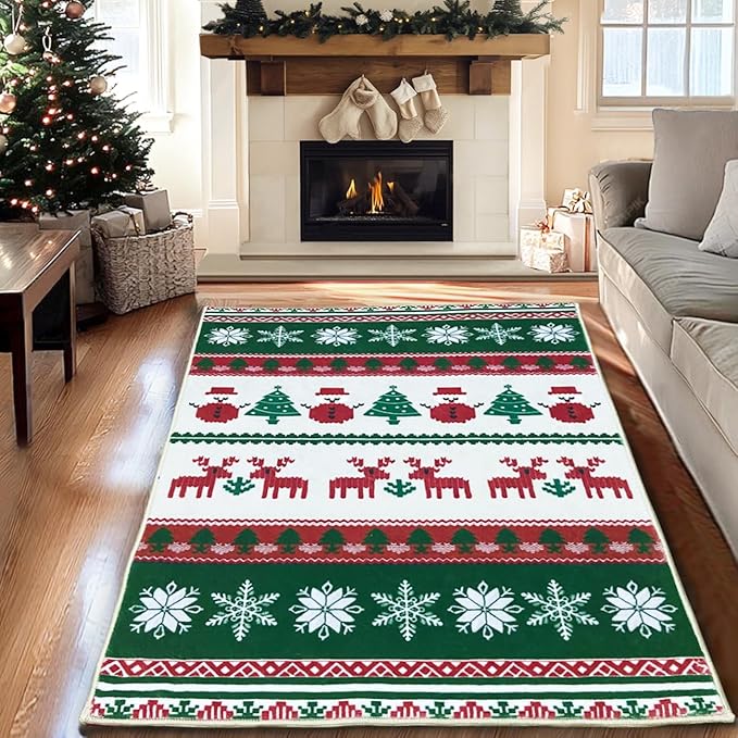 Christmas Carpet Mat Rug Red Green Blue Plaid Design with Gingerbread Man Tree Pattern Soft Floor Mat for Home Decoration
