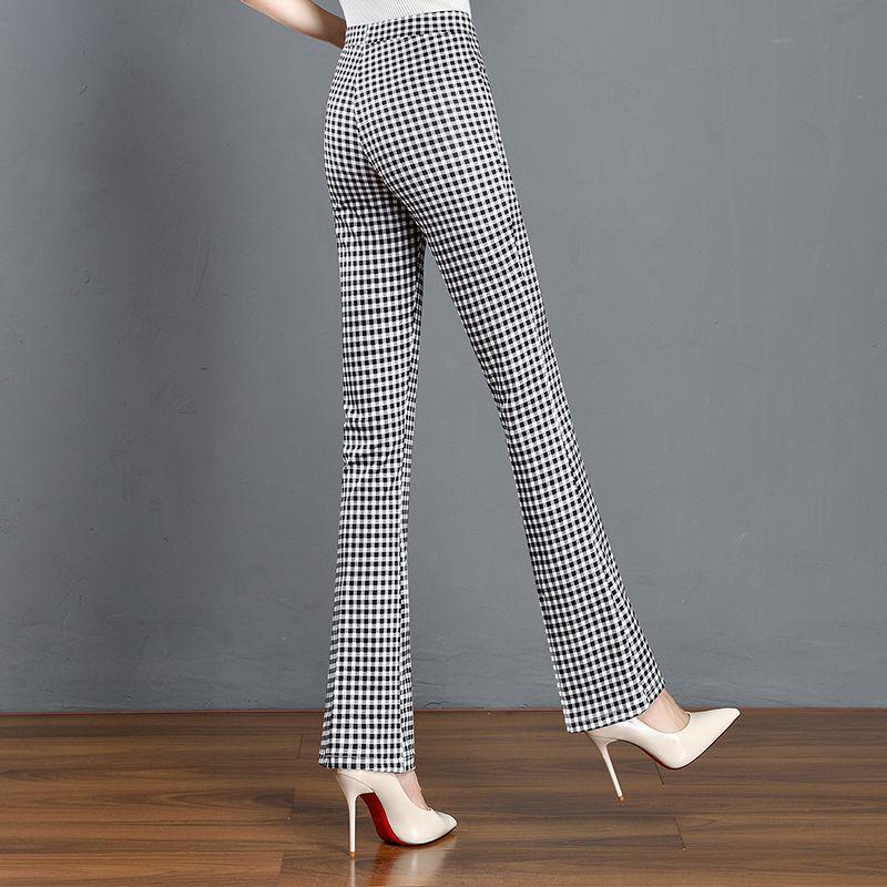 2024 Summer Women's Black & White Plaid Slim-Fit Stretchy Micro-Flare Pants with Elastic Waist