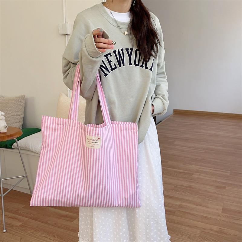 Striped Contrasting Colors, Small Fresh Canvas Bag, Largecapacity Class Commuter Bag, Highvalue Shoulder Tote Bag