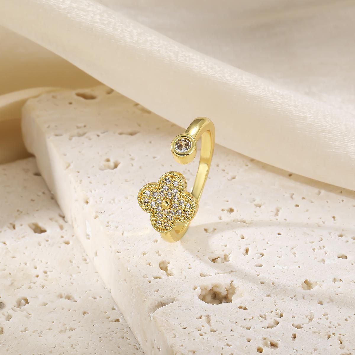 

Кольцо с цирконием в виде четырехлистного клевера в стиле премиум, женское ретро открытое регулируемое кольцо на палец