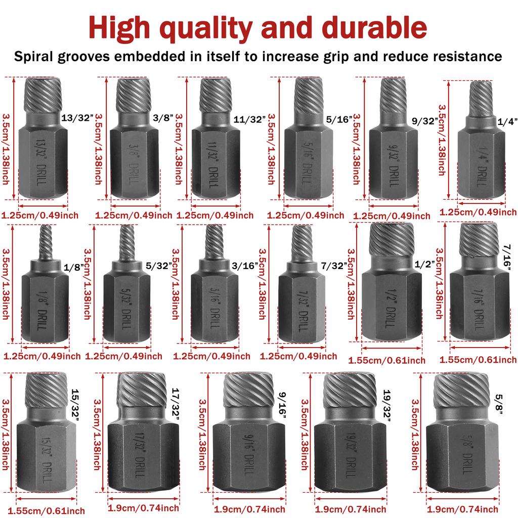 17Pcs Damaged Screw Extractor Drill Bit Set Hex Head Easy Out Bolt Extractor Spiral Broken Screw Remover Tool for Nuts Bolts