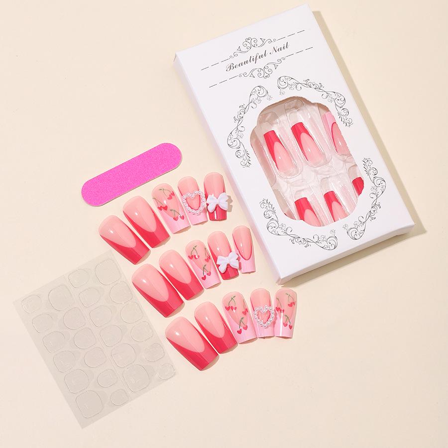 

Весна/Лето 2024 Ручной работы Французский маникюр: Дизайн с вишней, бантом и сердечком