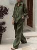 Fashion Solid Cotton Linen Shirt Set for Women Long Sleeve Blouse Top Pockets Pants Suit Female Casual Outfits