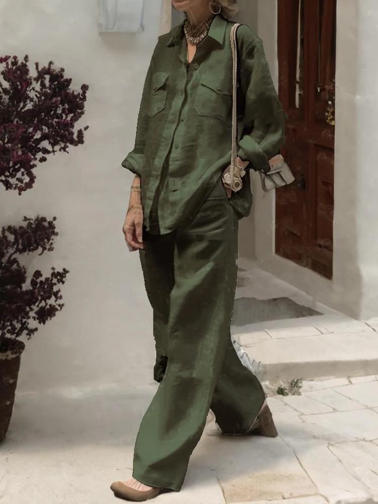 Fashion Solid Cotton Linen Shirt Set for Women Long Sleeve Blouse Top Pockets Pants Suit Female Casual Outfits