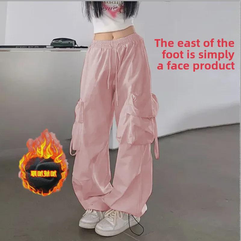 2024 Americký styl silné laclové kalhoty: Dámský podzimní/zimní trend, ležérní univerzální rovné volné kalhoty se širokými nohavicemi pro muže