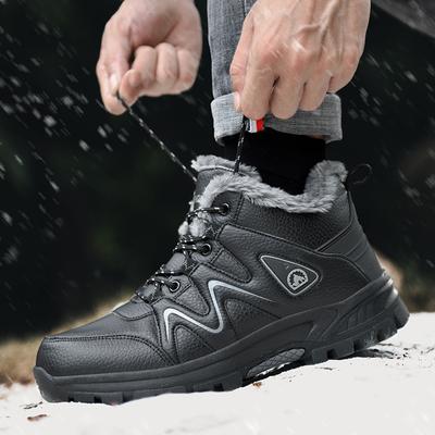 Fashion Winter Leather Men's Snow Boots Plush Warm Men's Boots Outdoor Waterproof Hiking Boots Non-slip Platform Ankle Boots Work Shoes