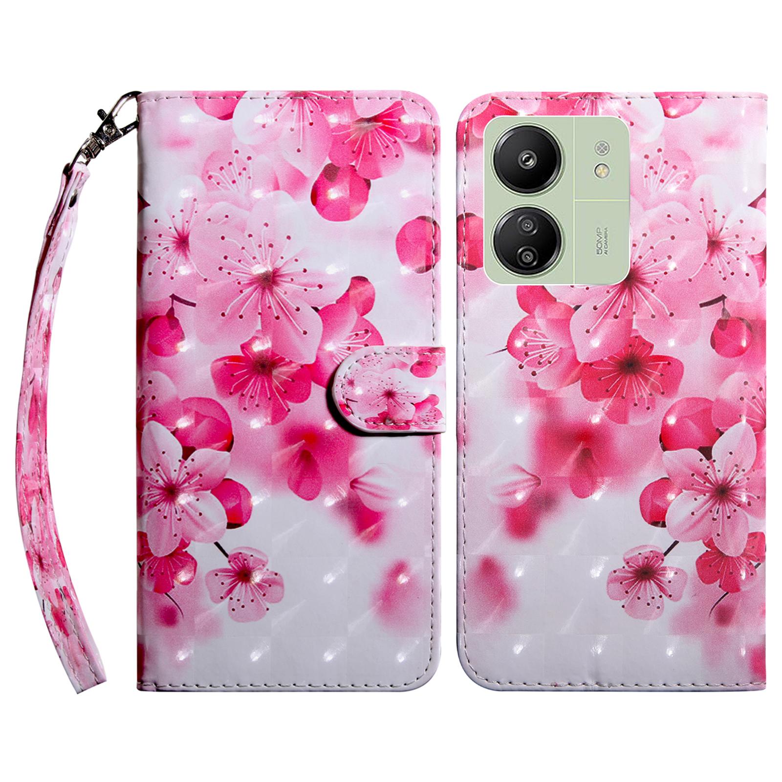 

For Xiaomi Redmi 13C 4G/13C 5G/Poco C65 4G/Poco M6 5G/13R 5G Magnetic Phone Case 3D Pattern Printing Wallet Cover Red Flower