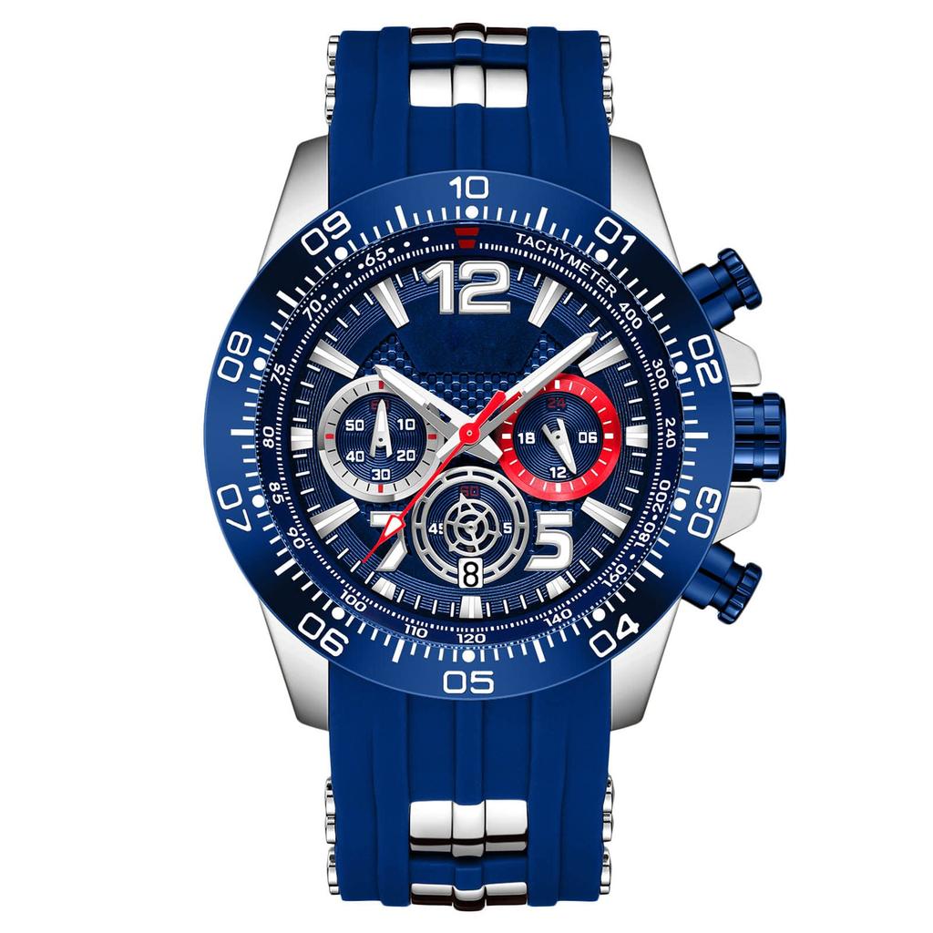 RORIOS Waterproof Analog Watch with Date Luminous Quartz Silicone Blue Perfect for or As a Gift Men's Chronograph, Calendar, Display, Movement, Strap,