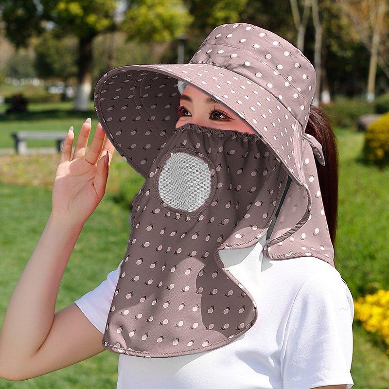 Wide-brimmed Purple Floral Sun Hat Detachable Face Mask Design, Breathable Lightweight Anti-UV Outdoor Headwear