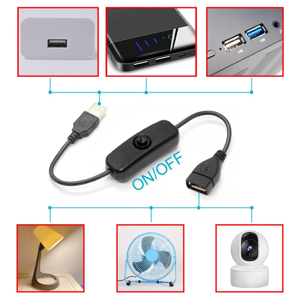 Xiwai USB USB Stecker auf Buchse Verlängerungskabel mit Stromversorgung DC 5V für Schreibtisch LED-Streifen Lüfter Extender, 2.0 Typ-A Ein/Aus-Schalter, Lampen, [28cm]