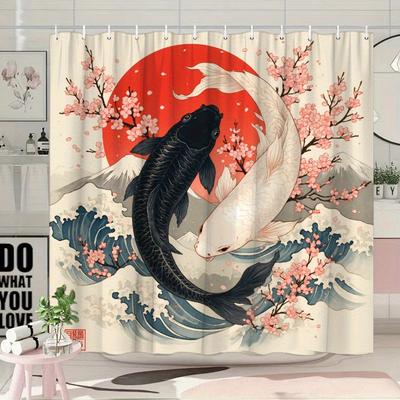1pc Japanese Ukiyoe Koi Shower Curtain, Cherry Blossom, Red Sun, Snow Mountain Pattern, Easy To Hang, Fashionable Bathroom Dec