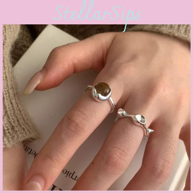 Luxury Korean Geometric Tiger Eye Stone Ring For Women Stylish Adjustable Copper Design