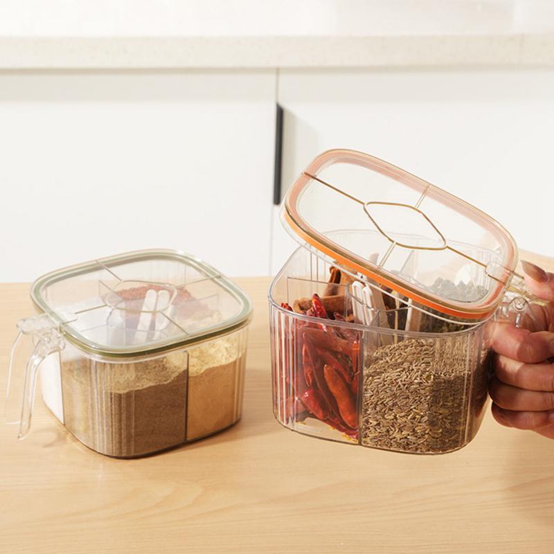 Multi-Grid Salt Seasoning Box With Spoons And Sealed Lid Transparent Spice Jar Chili Powder Sugar Bowl Moisture-Proof Container