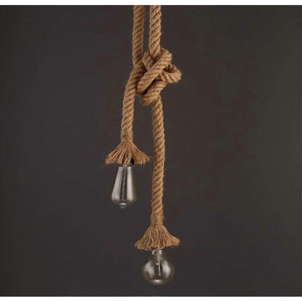 Dww-E27 Double Head Hemp Rope Vintage Hanging Pendant Light, Industrial Retro Country Style Ceiling Light Perfect for Dining Room Restaurant Bar Cafe
