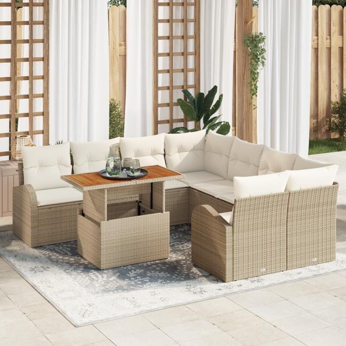 Ensemble de canapé de jardin 9 pièces avec coussins en poly rattan beige, Canapé de jardin deux places avec rangement 3358304