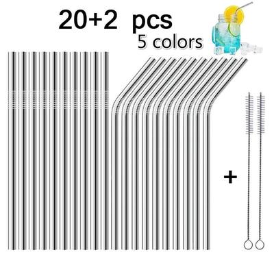 20 Pcs 304 Stainless Steel Drinking Straws,Reusable Metal Drinking Straws + 2 Cleaning Bruches