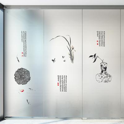 Chinese Landscape Art Window Stickers Chinese Ink Calligraphy Painting Glass Film Privacy Static Cling Frosted Decor Window Film