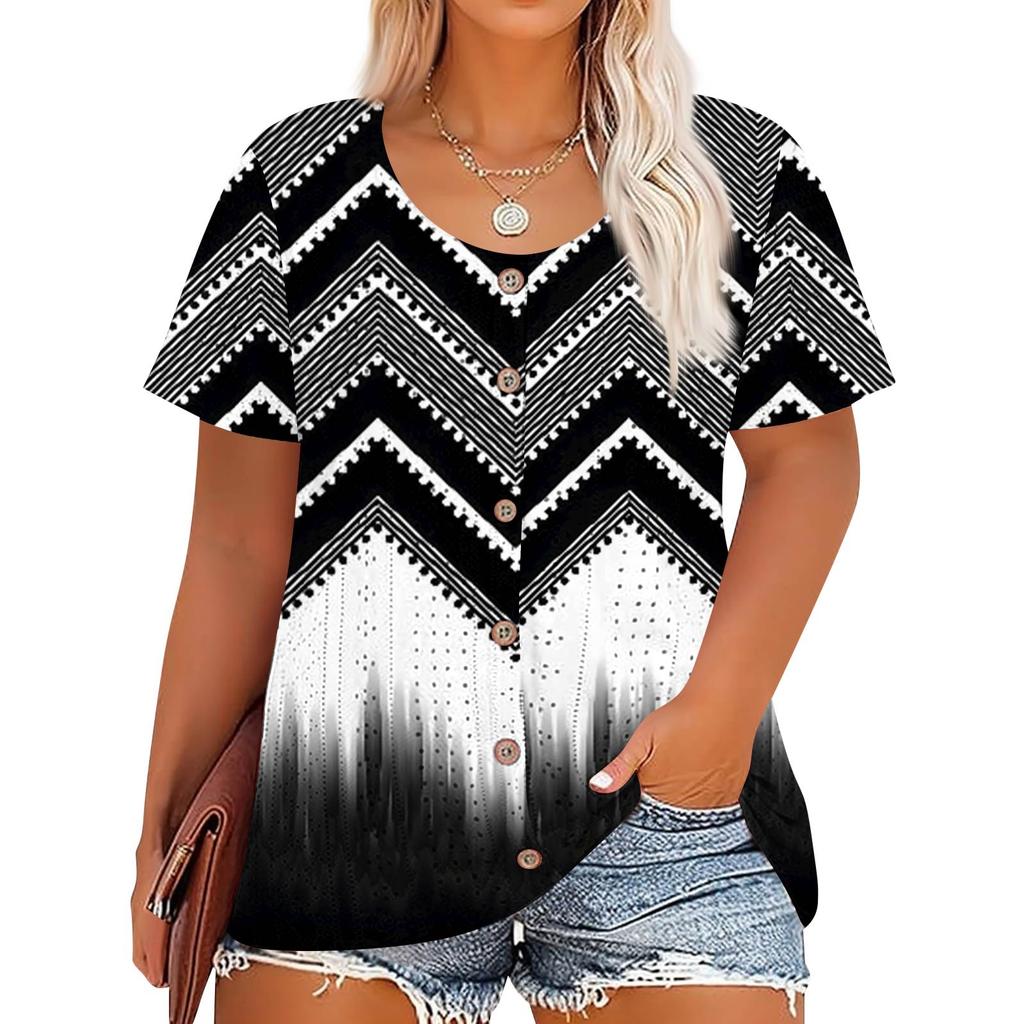 Plus Size Women's Fashion Casual Vintage Printed O-Neck Short Sleeve Button T-Shirt Top