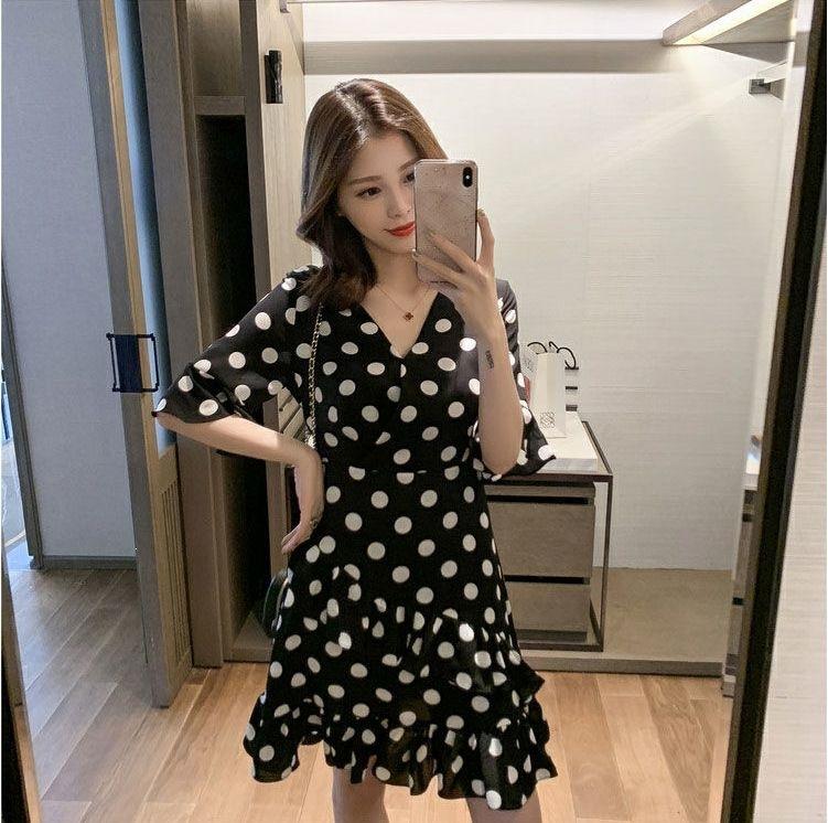 Summer new Korean version medium and long V-neck polka dot ruffle edge waist dress women's retro slim skirt