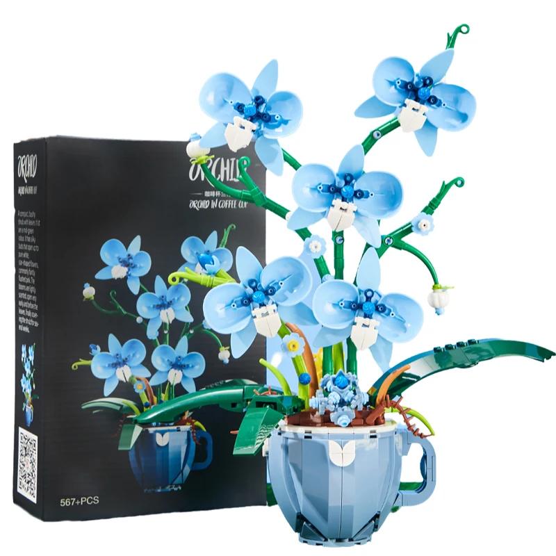 

567PCS Blue Orchid Building Blocks Creative Immortal Flower Diy Model Bricks Desktop Decoration Toys For Kids Holiday Gifts