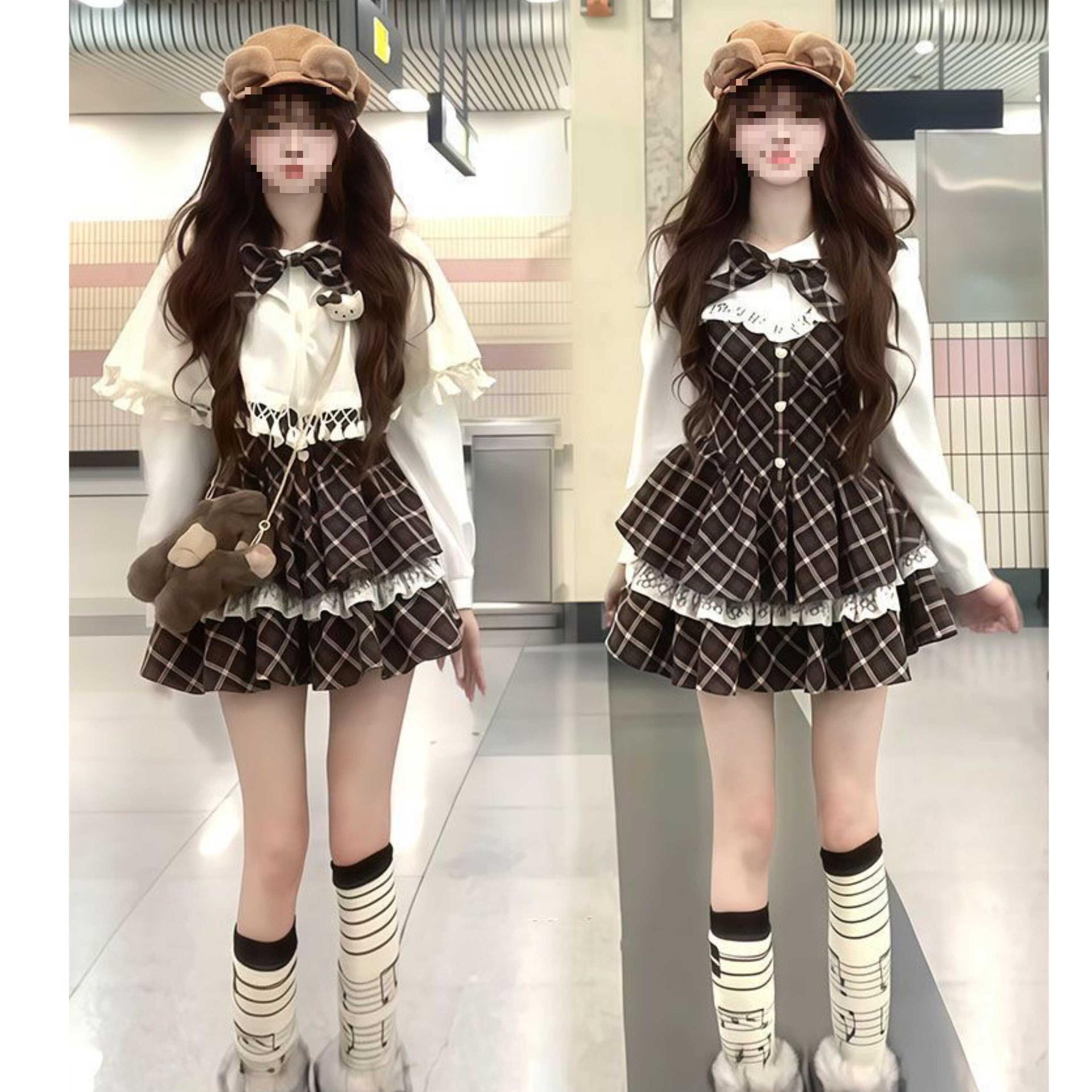 Retro Plaid Shawl Cloak & Bow Dress Set M
