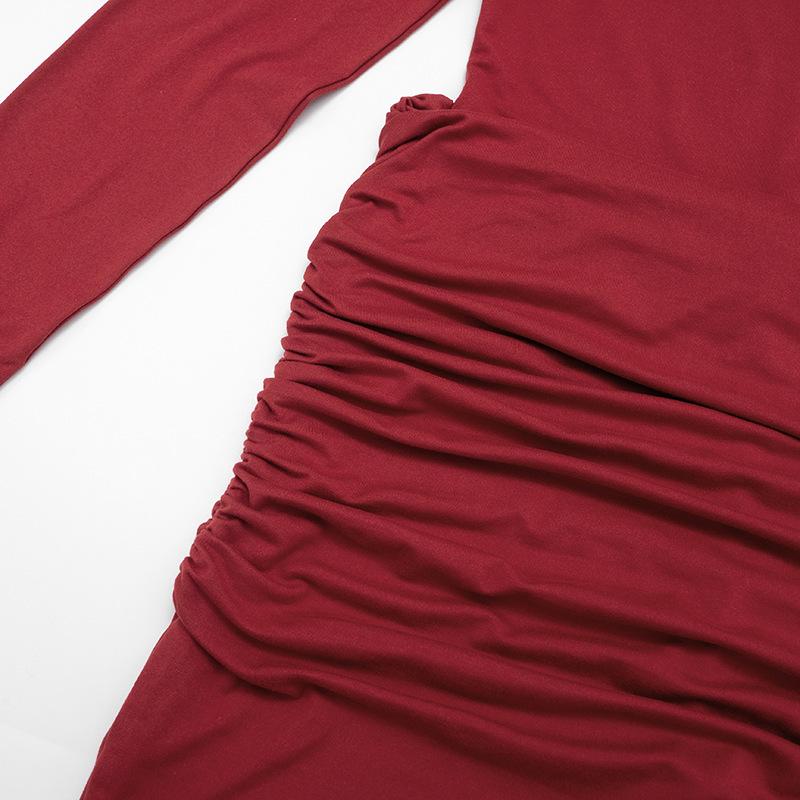 Solid Color Slim Fit Round Neck Shirred Mini Dress - European & American Women's Autumn/Winter Collection