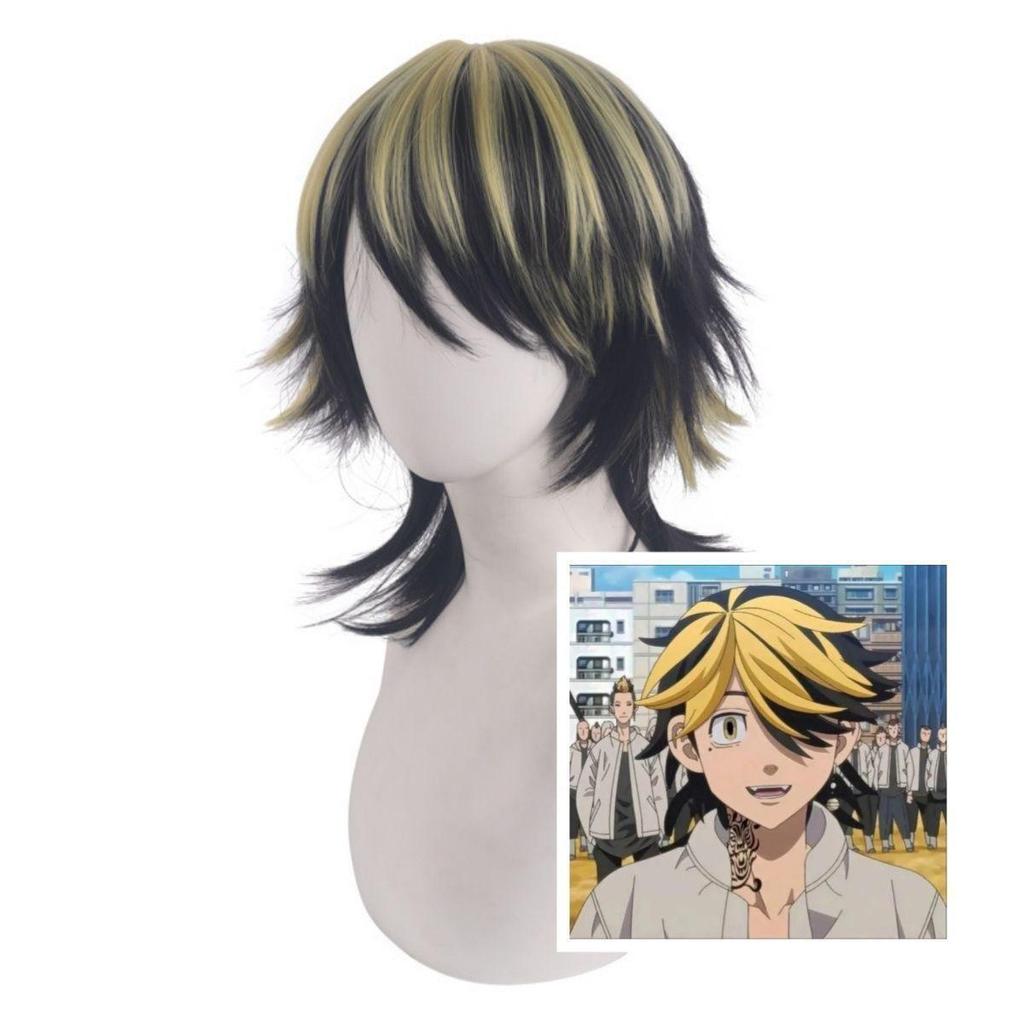 Tokyo Revengers Kazutora Hanemiya Cosplay-Perücke, Hochtemperatur-Faser-Haarteil mit goldenen Highlights