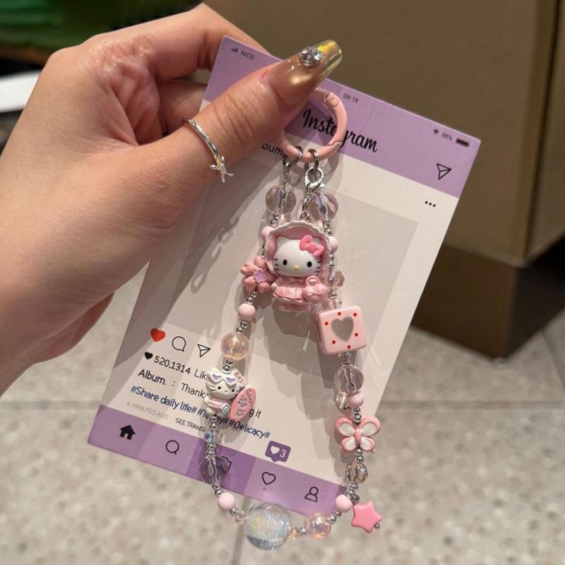 Animation Design Hello Kitty Key Rings Beaded Pendant Phone Charms Kawaii Kuromi Key Ring Adorable Hellokitty Keyring Present For Girls