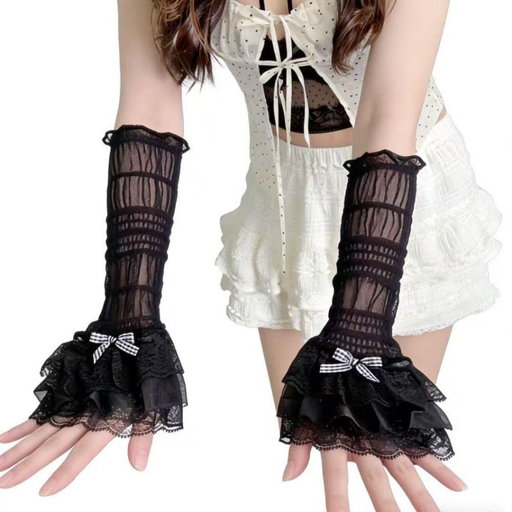 1 Pair Thin Lace Lace Arm Sleeves Bowknot Design Breathable Lace Fingerless Gloves Sun Protection Sleeves Daily Wear