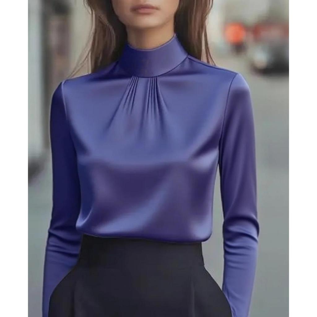 Women's Satin Shirt with Stand Up Collar and Pleated Long Sleeved Top, Elegant and Slimming Shirt for Commuting In The Workplace