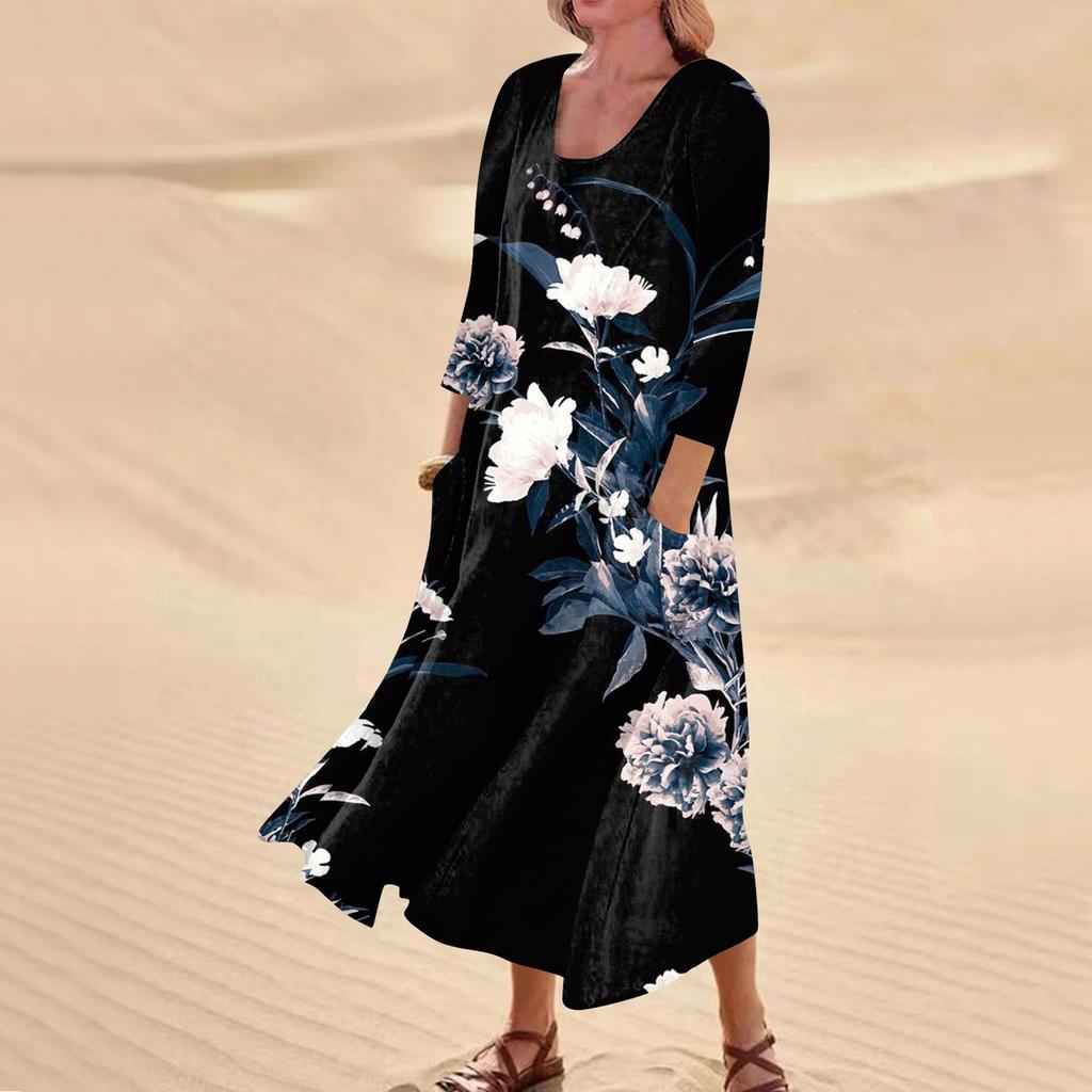 Dámské neformální pohodlné bavlněné kapsové šaty s tříčtvrtečním rukávem s květinovým potiskem