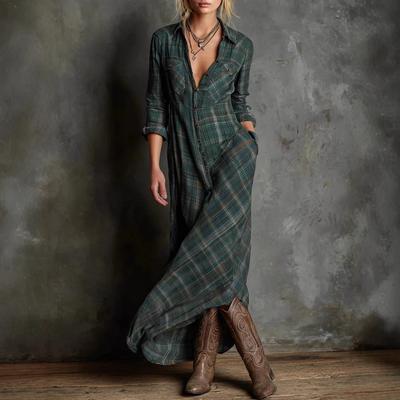 Women's Elegant Long Sleeve Plaid Shirt Dress Fashion Grid Shirt Collar Dress