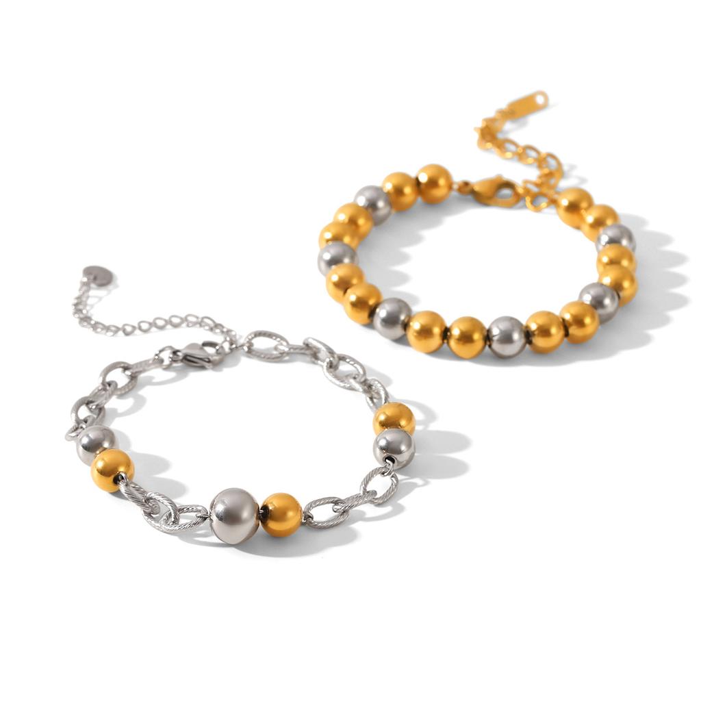 Gold and Silver Two-tone Stainless Steel Round Bead Bracelet for Women, Versatile Color-block Beaded Bangle