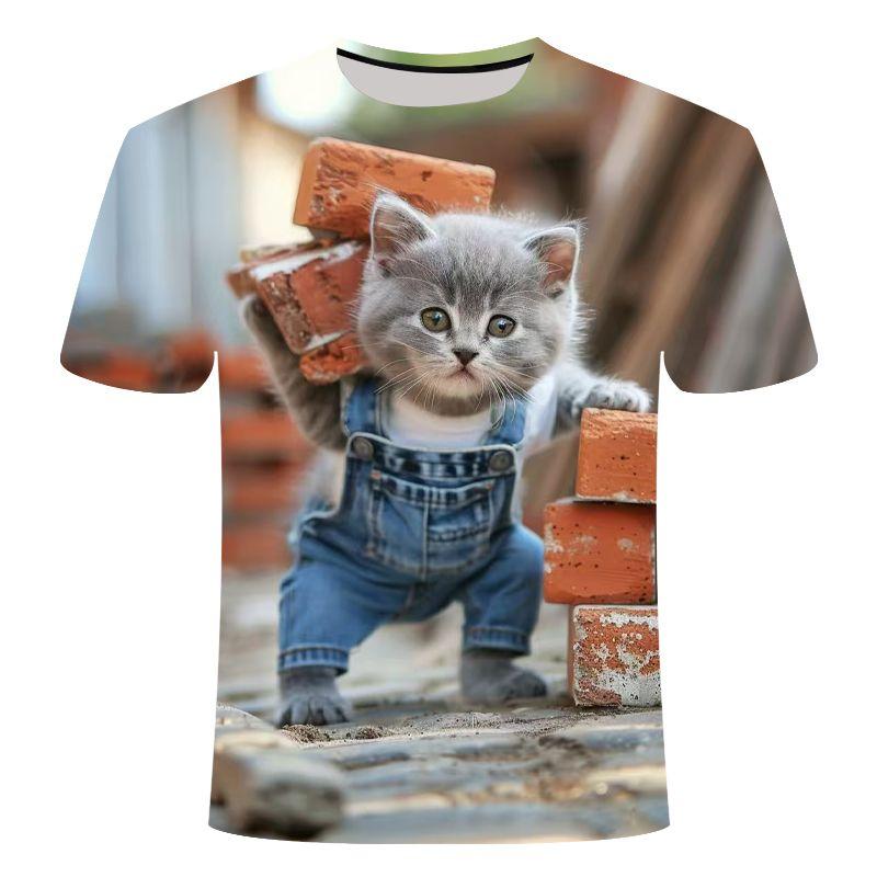 2025 Summer Clothes New Fun Life Edition Cute Cat 3D Printed round-neck Short Versatile Men Women  Kids