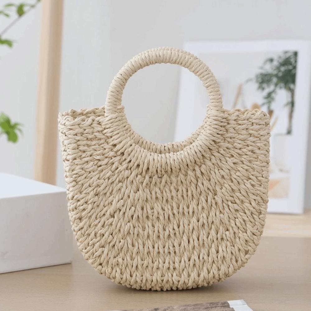 Large Capacity Straw Woven Handbag Half-Moon Shape Simple Shopping Bag Female