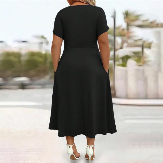 Robe Mi-longue Décontractée d'Été pour Femme Robe évasée à manches courtes et col en V avec torsade sur le devant Robe longue fluide ligne A pour vacances à la plage