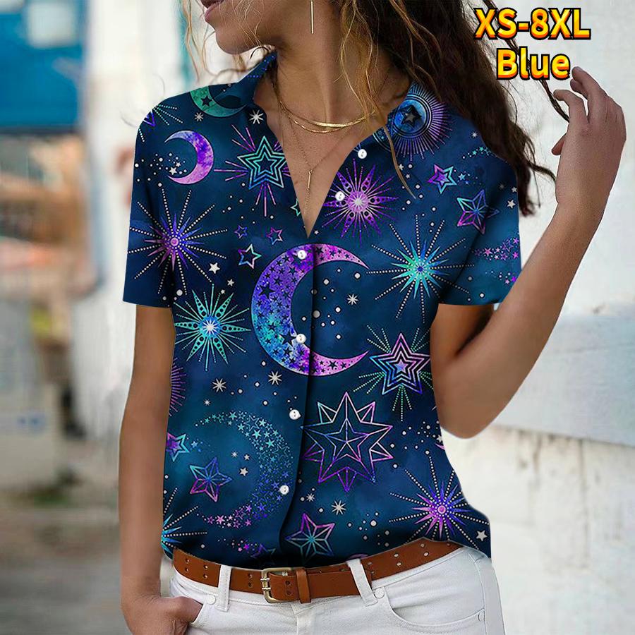 2025 Summer New Fashion Women's Star Printed Short Sleeve V-neck Casual Button-down Shirt Top