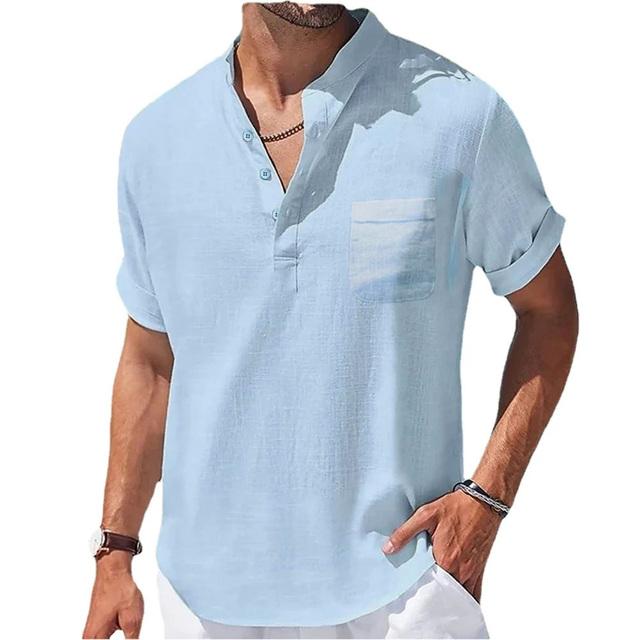 Fashion Men's Cotton Linen Shirts Summer Short Sleeved T Shirt Collar Casual Men's T Shirts Shirt Men Clothing