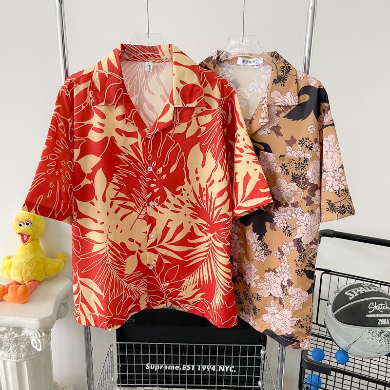Unisex Vintage Kubakrage Blomsterskjorte - Løs passform, Hong Kong-stil, Kort erm, Perfekt for strand og par