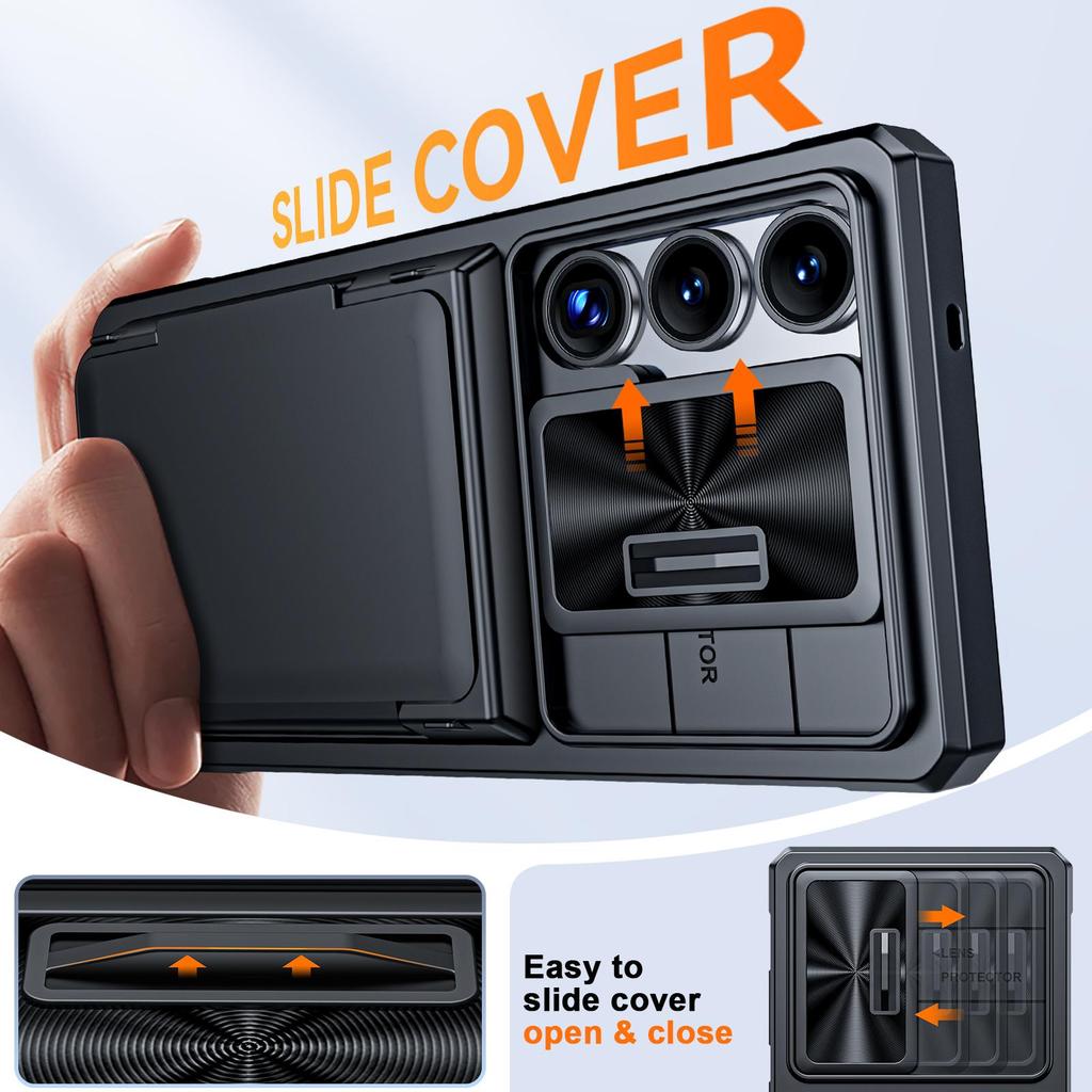 With Card Holder Sliding Camera Cover And Stand For Samsung Galaxy S25 Ultra Phone Case, Anti-Fall PC+TPU Wallet Case-Black