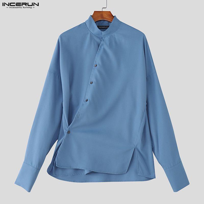 INCERUN S-5XL Men Casual Stand Neck Long Sleeve Side Buttons Shirts Tops