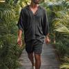 Men's Cotton and Linen Loose Casual Suit V-neck Short-sleeved + Shorts 2-piece Vacation Men's Clothing