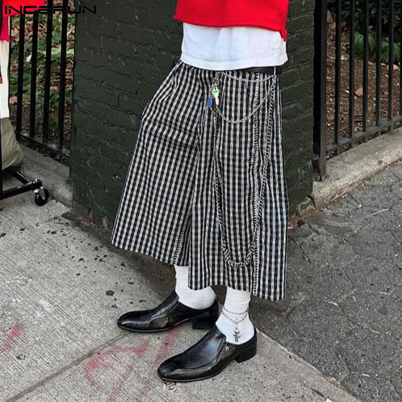 INCERUN Men Zipper  High Waist Plaid Print Casual Loose Straight Capri Pants